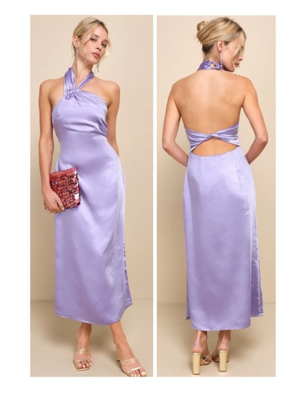 Lulus Perfectly Sleek Light Purple Lavender Satin Halter Midi Dress Small New - Picture 1 of 8
